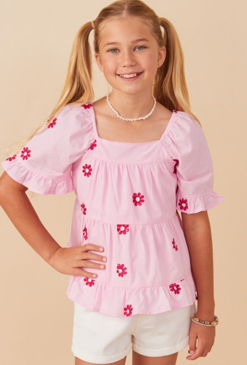 Girls Pink Flower Embroidered Top