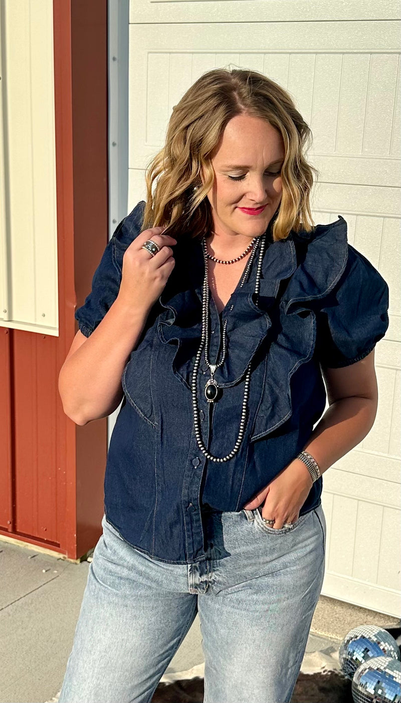 Denim Ruffle Button Down Top