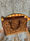 Dark Brown Tooled Leather Tote with White Stitch