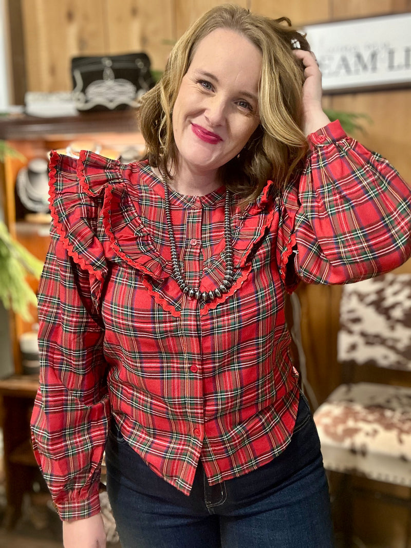 Plaid Ruffle Shoulder Top