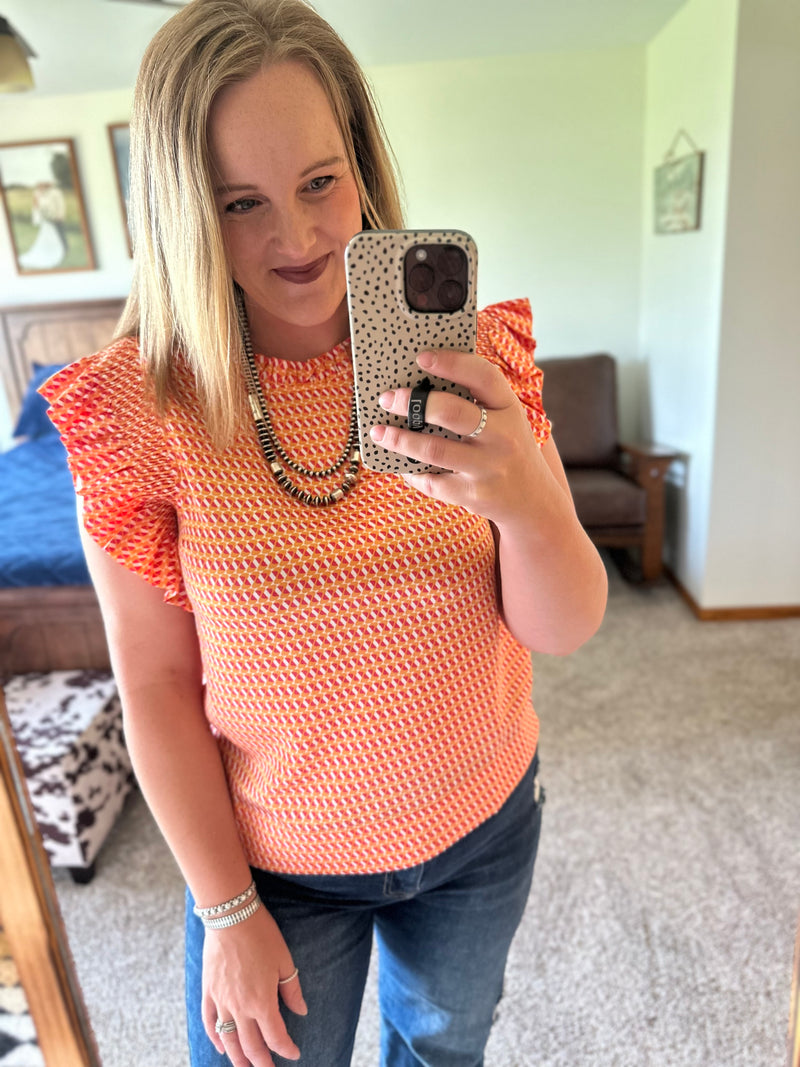 Orange/Pink Print Flutter Sleeve Top