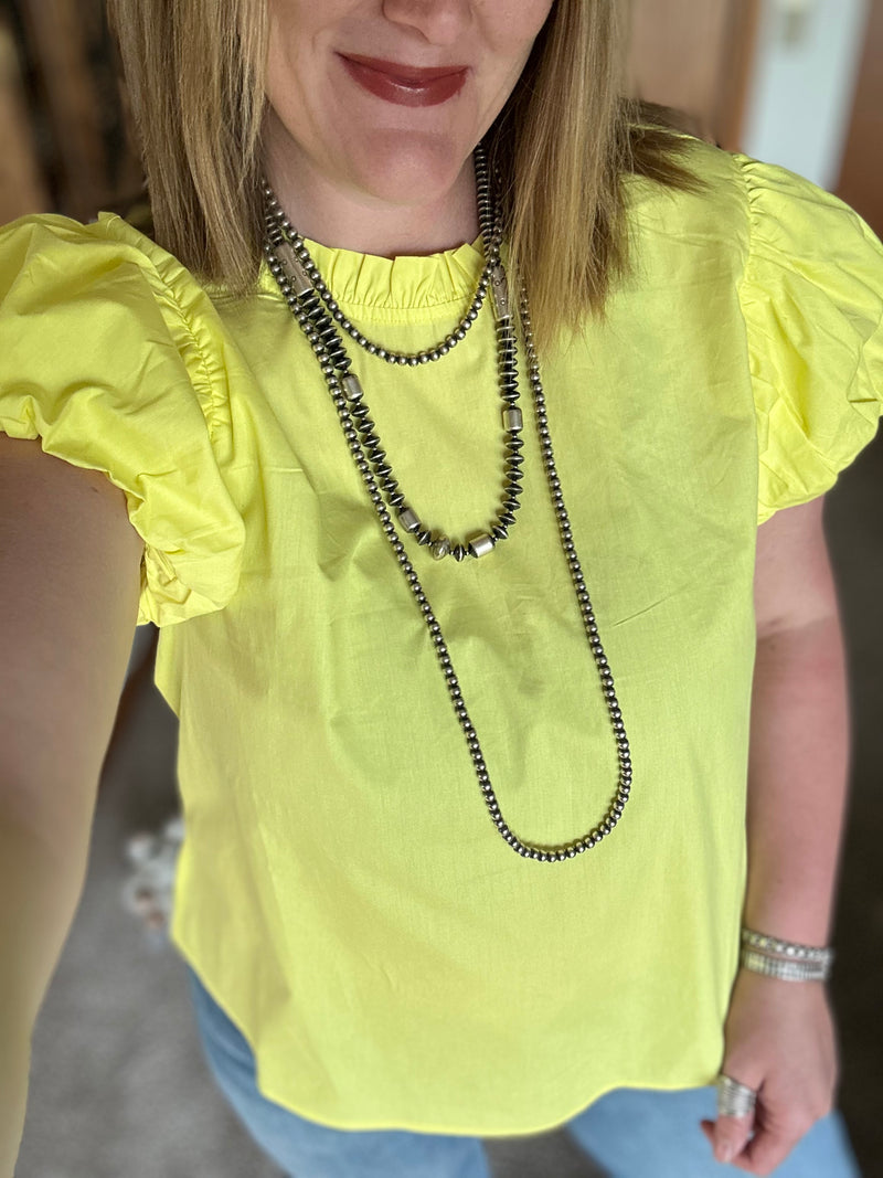 Lemon Pleat Sleeve Mock Neck Top