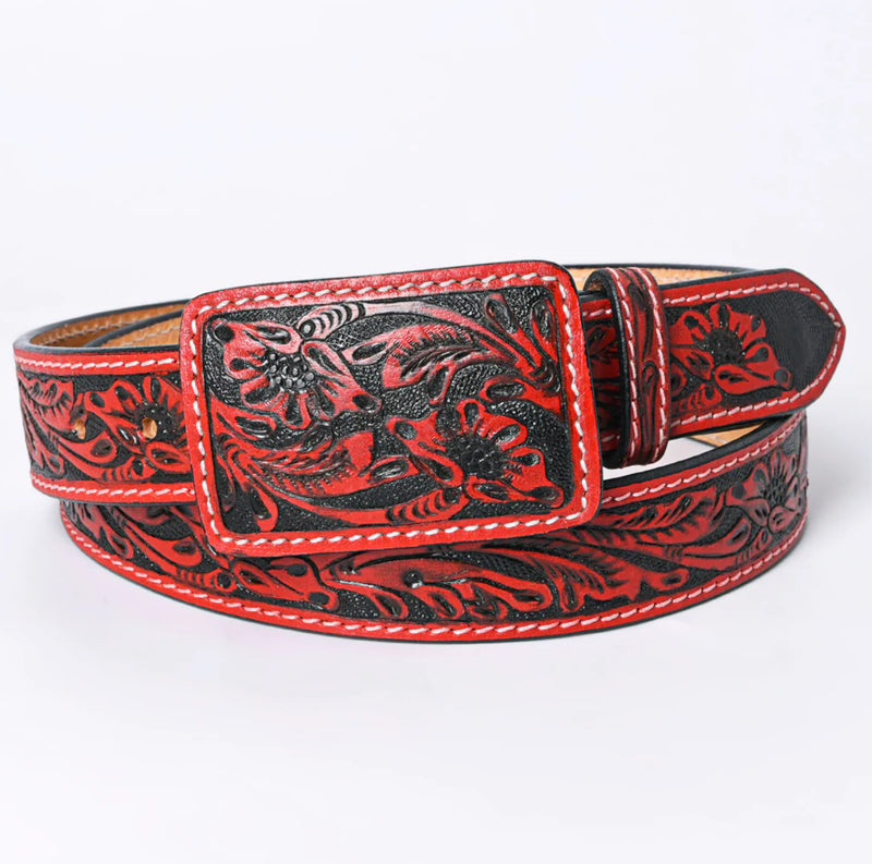 Red Tooled Leather Square Buckle Belt