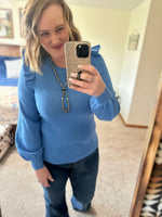 Blue Ruffle Shoulder Sweater