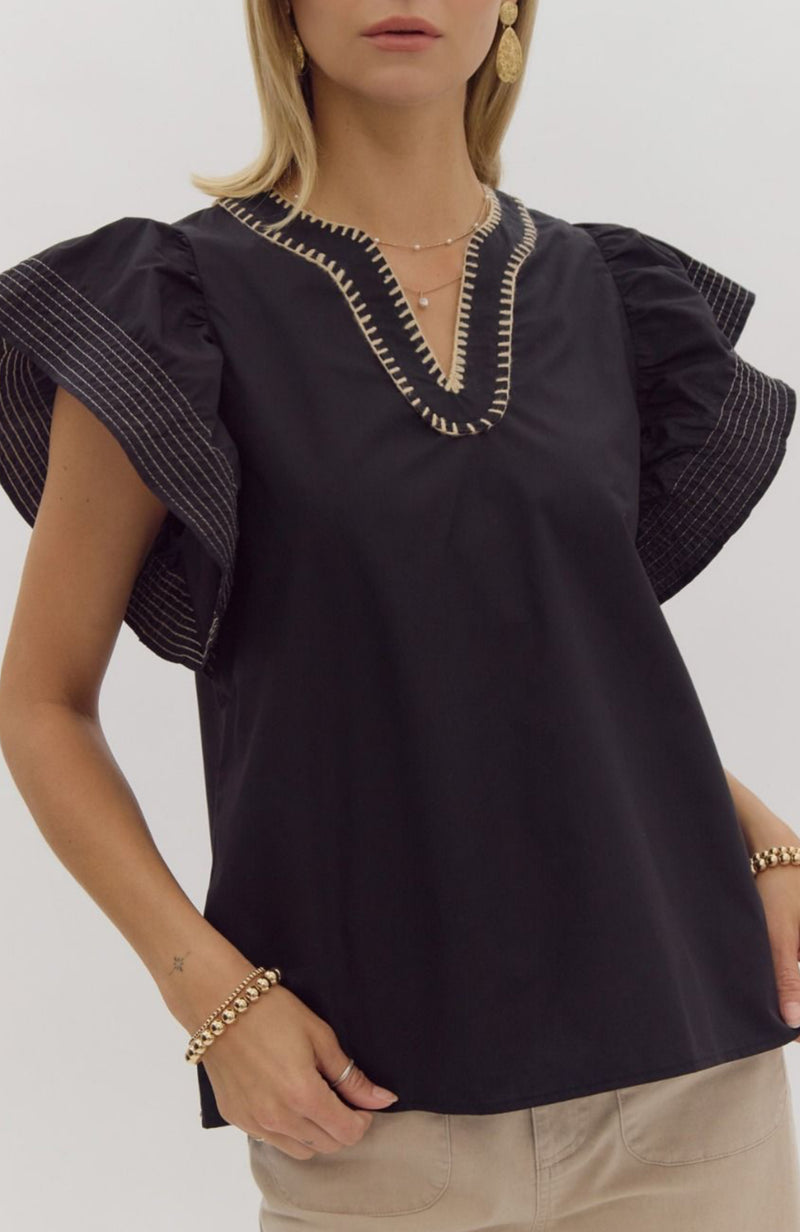 Black Stitched Ruffle Sleeve Top