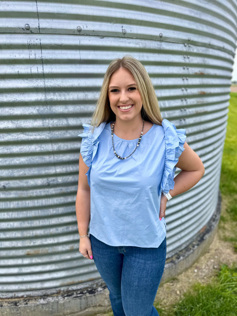 Light Blue Ruffle Shoulder Top