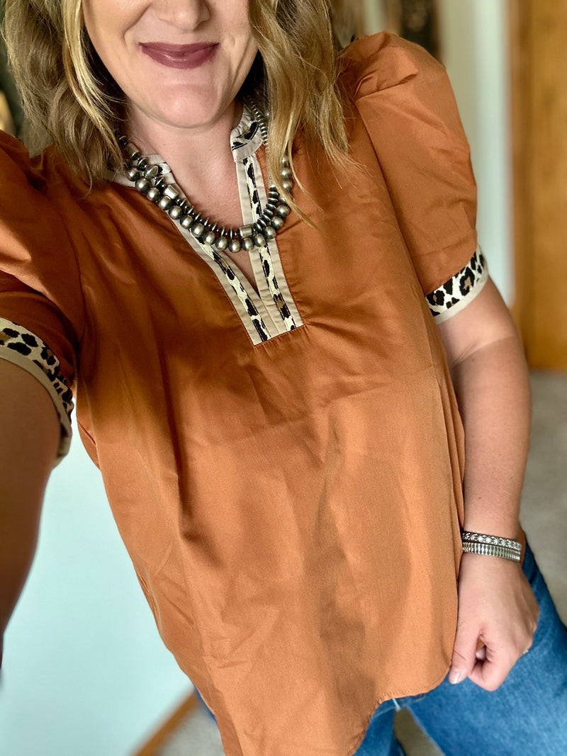 Leopard Trim Puff Sleeve Top - Caramel