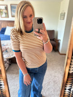 Tan Striped Top with Teal Trim