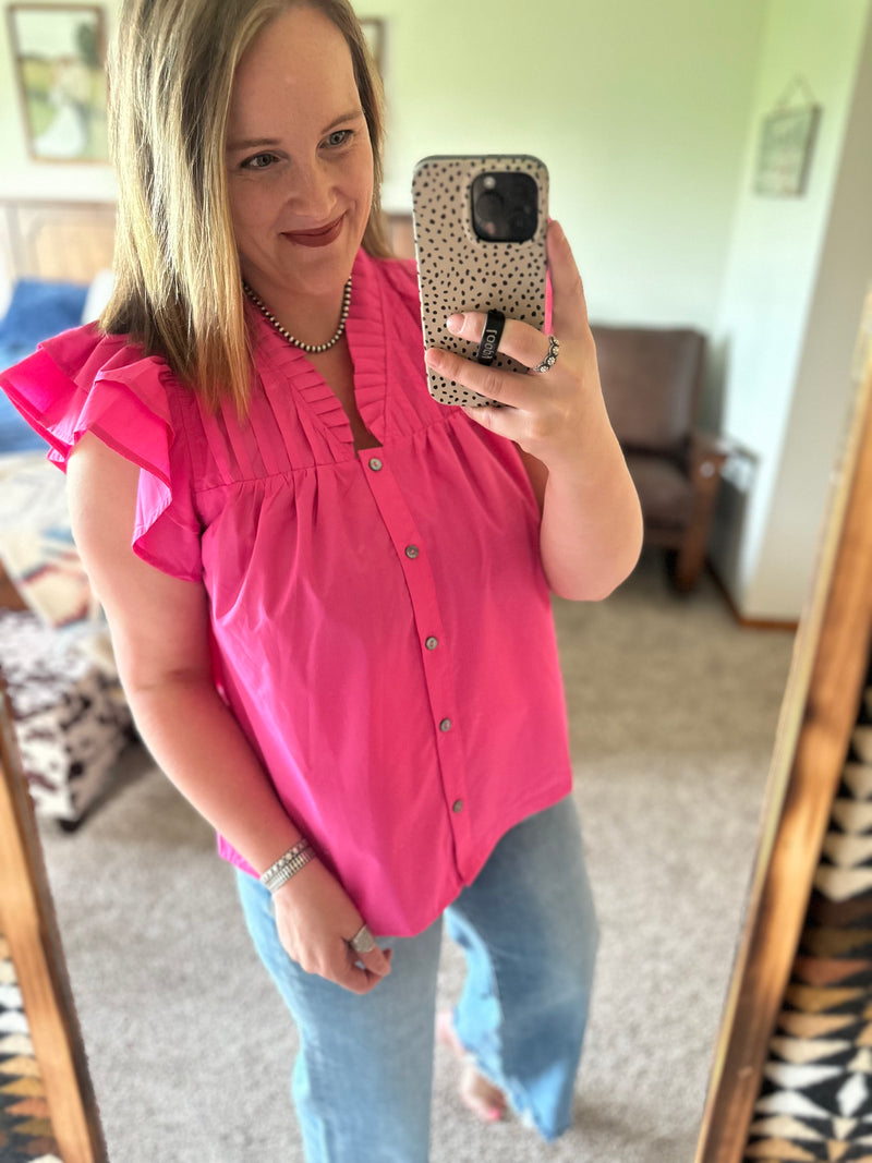 Pink Flutter Tiered Sleeve Button Down Top