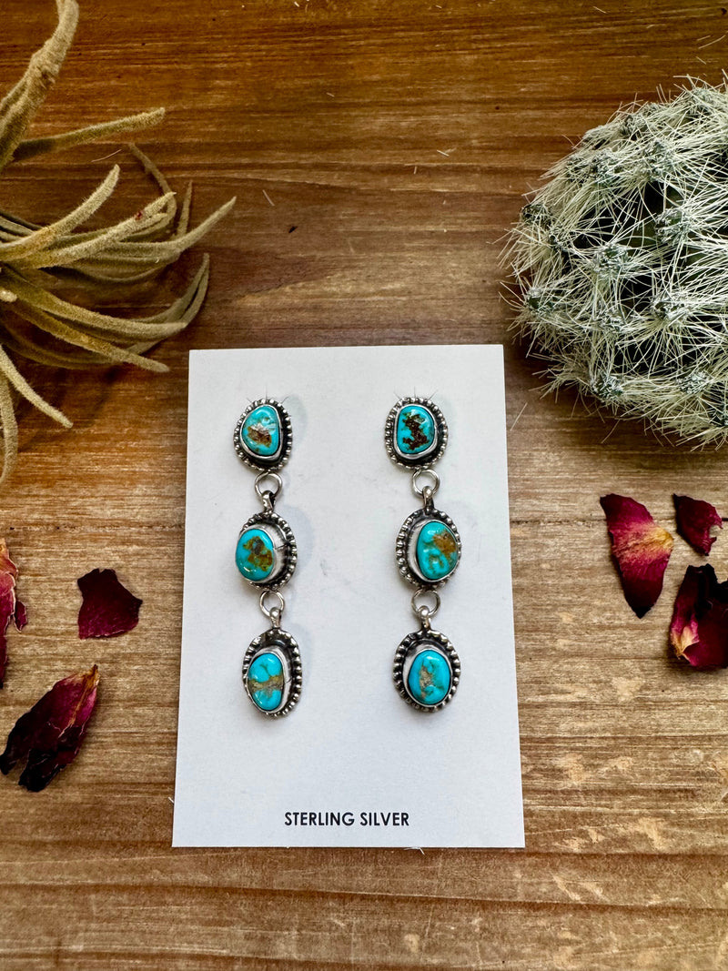 3 Tiers Dangle Kingman Turquoise Stud Earrings