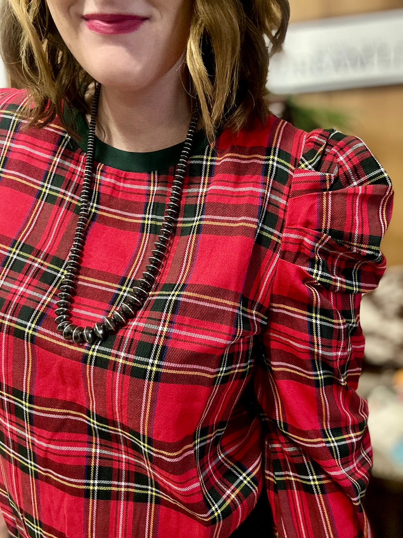 Plaid Puff Shoulder Top