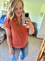 V Neck Tulip Sleeve Top - Rust