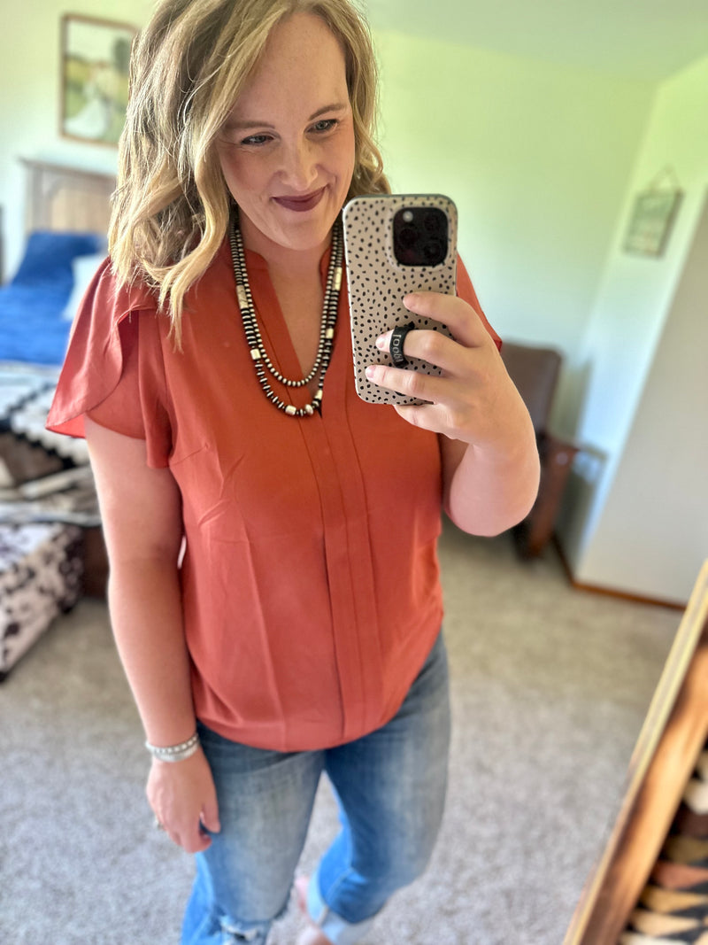 V Neck Tulip Sleeve Top - Rust