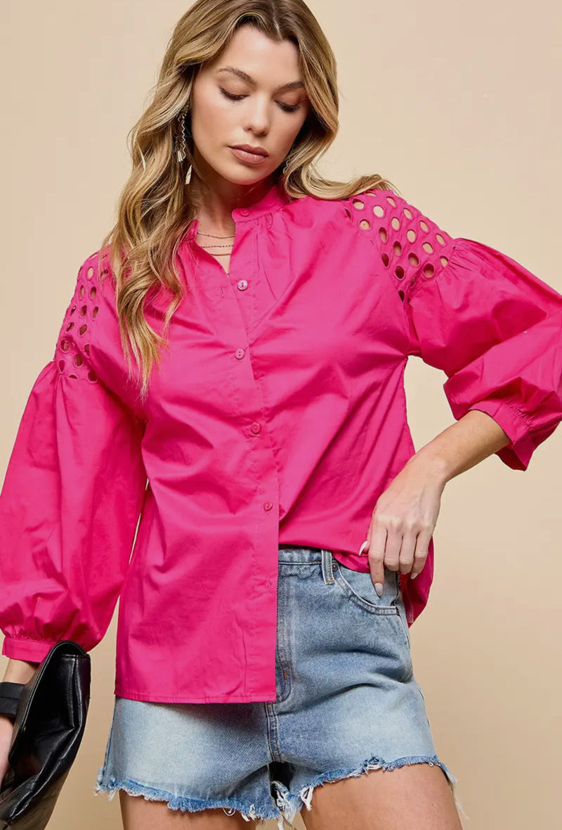 Rose Hallow Lanten Sleeve Button Down Top