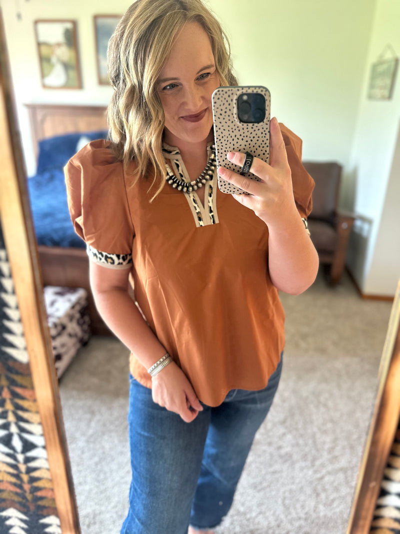 Leopard Trim Puff Sleeve Top - Caramel
