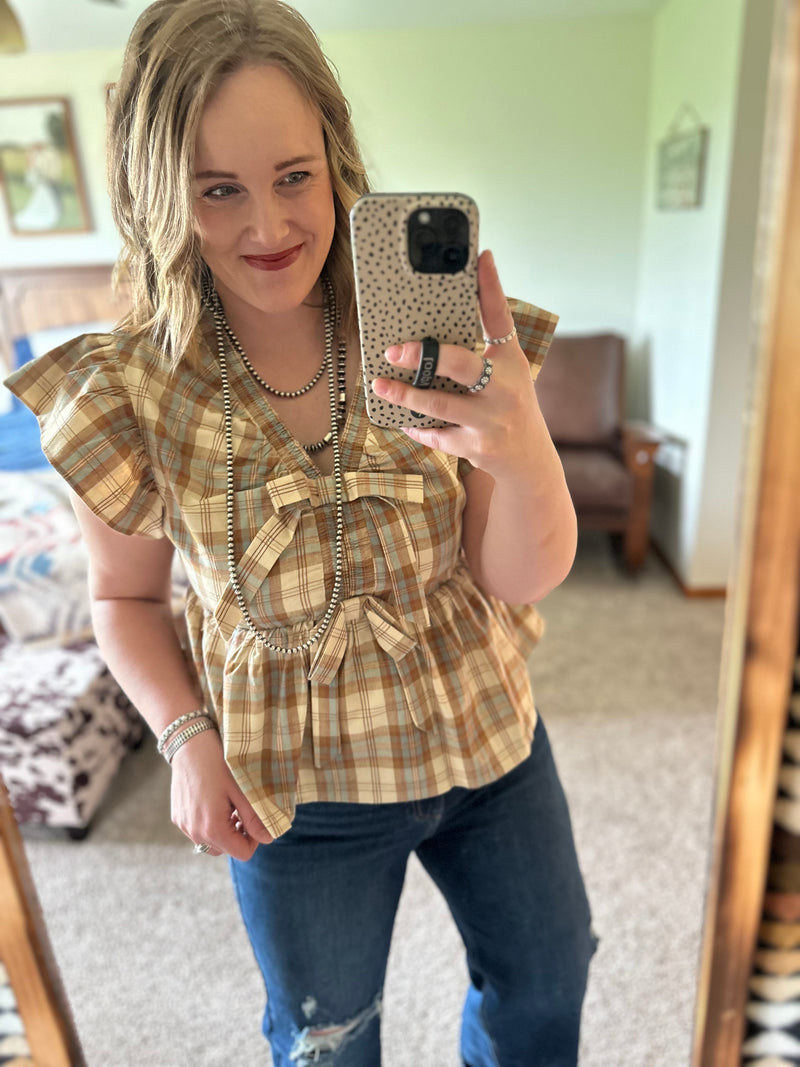 Plaid Peplum Bow Top