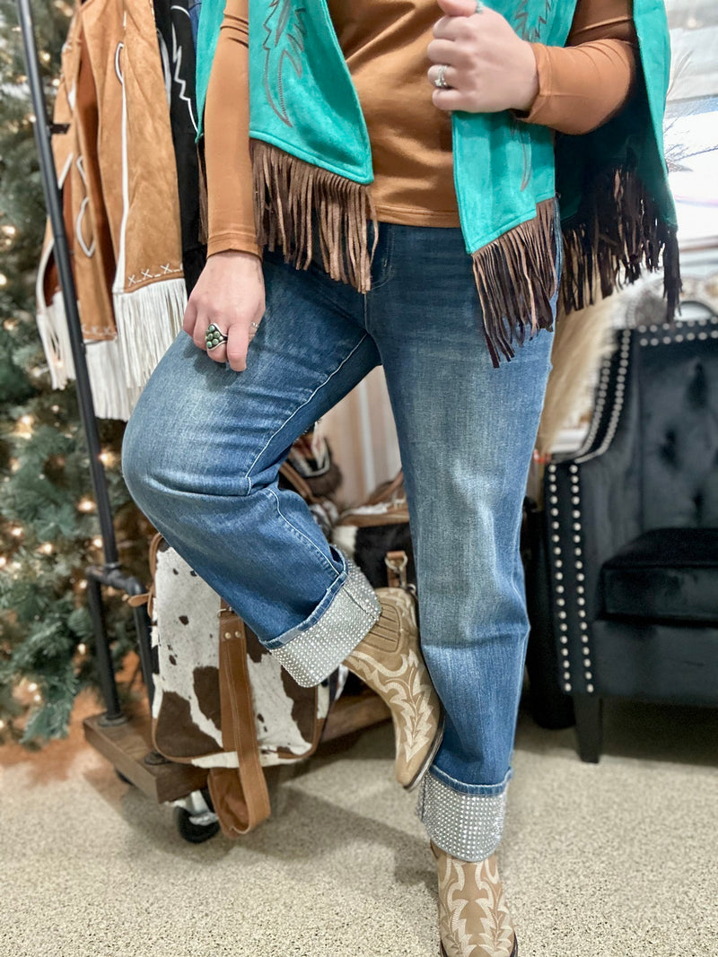 Rhinestone Cuffed Mid Rise Wide Jeans