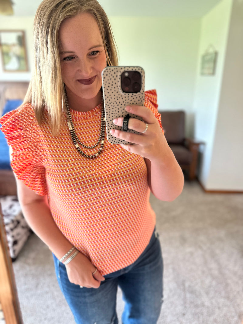 Orange/Pink Print Flutter Sleeve Top