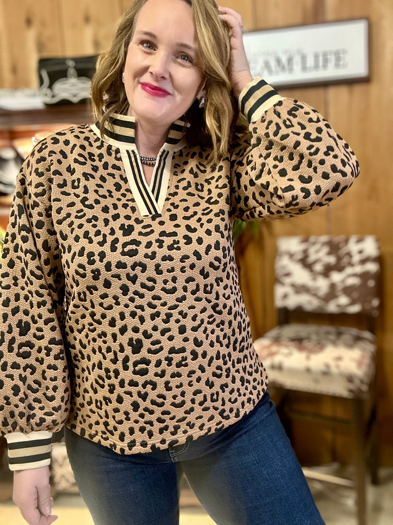 Leopard Puff Sleeve V Neck
