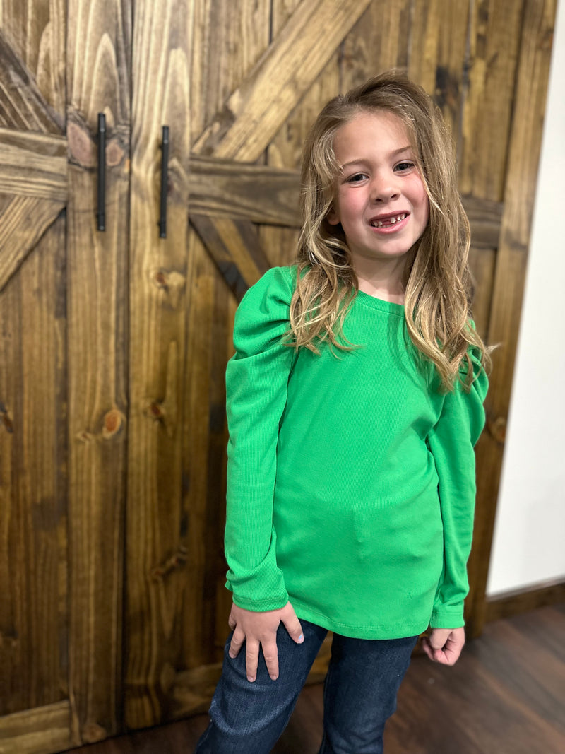 Girls Puff Shoudler Knit Top - Green