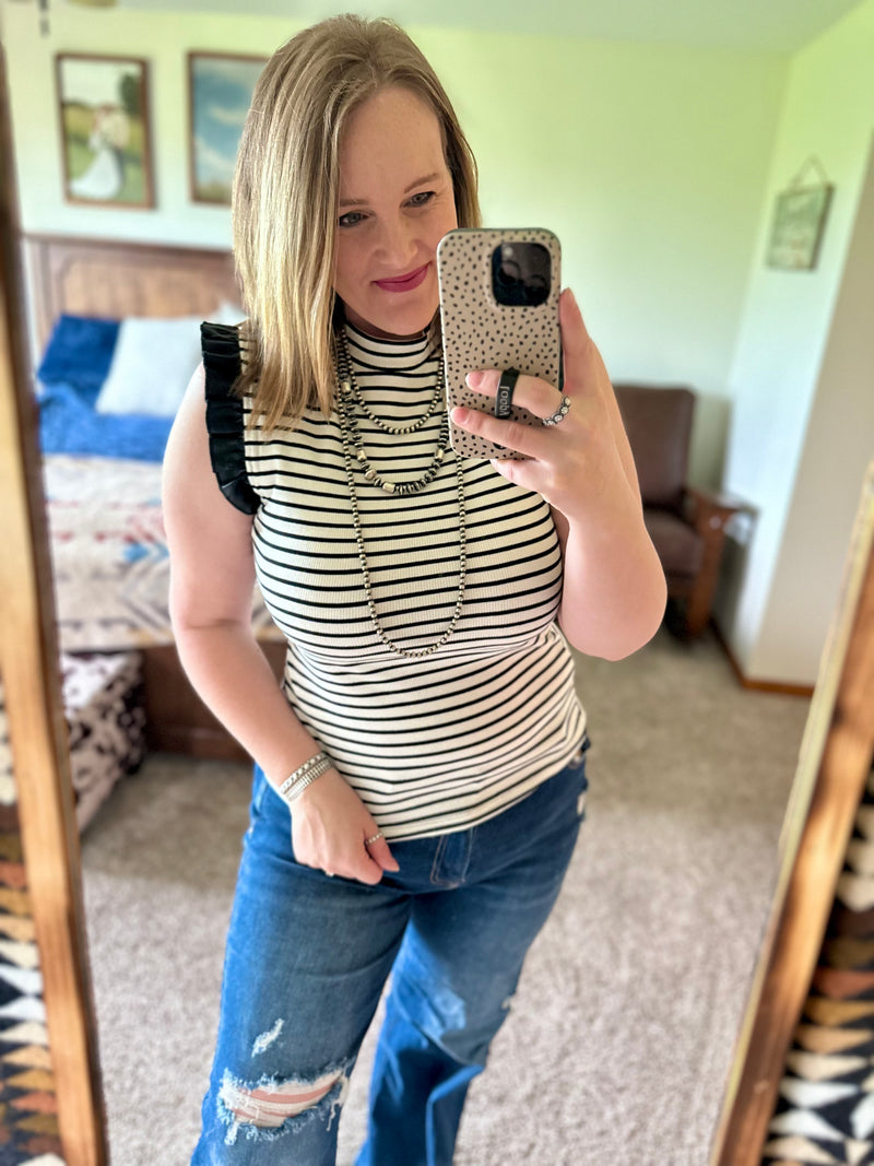 Black Stripes Pleather Shoulder Tank