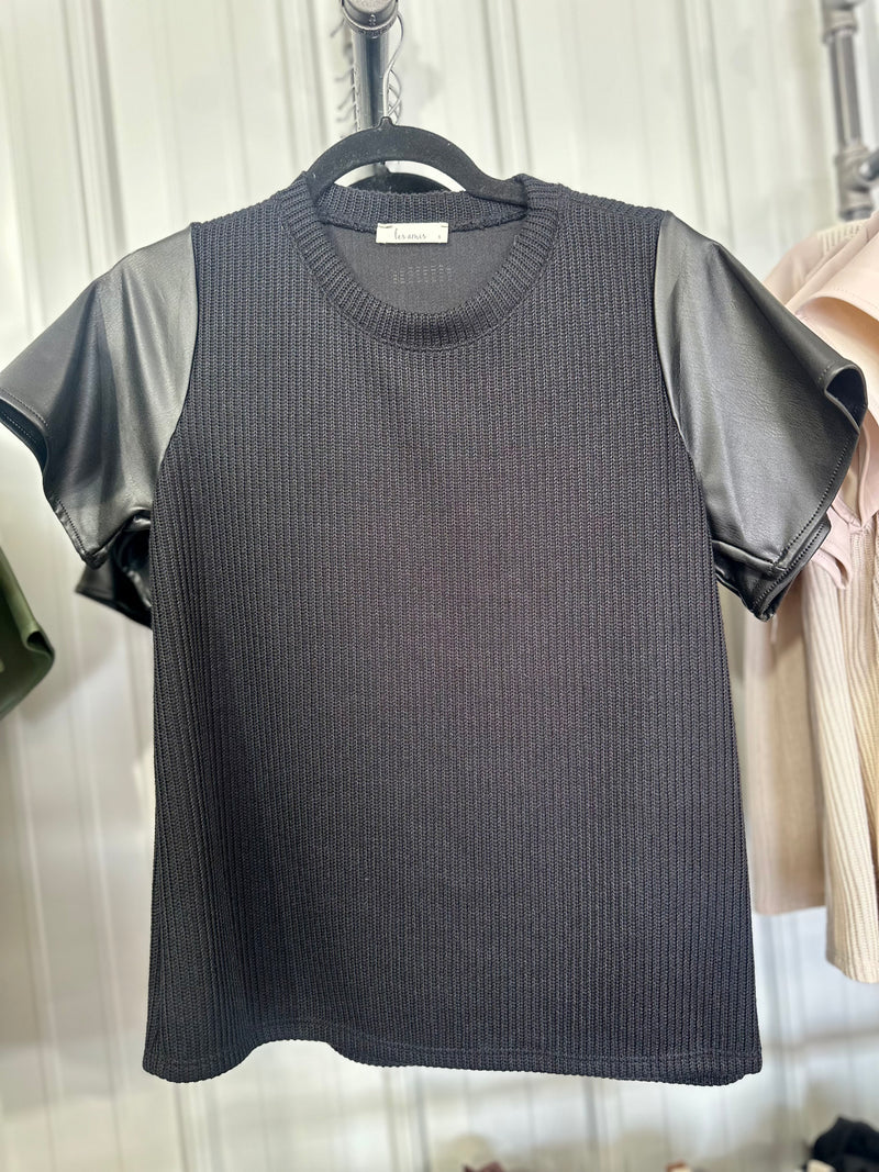 Pleather Sleeve Top - Black