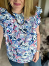 Blue Floral Ruffle Detail Top