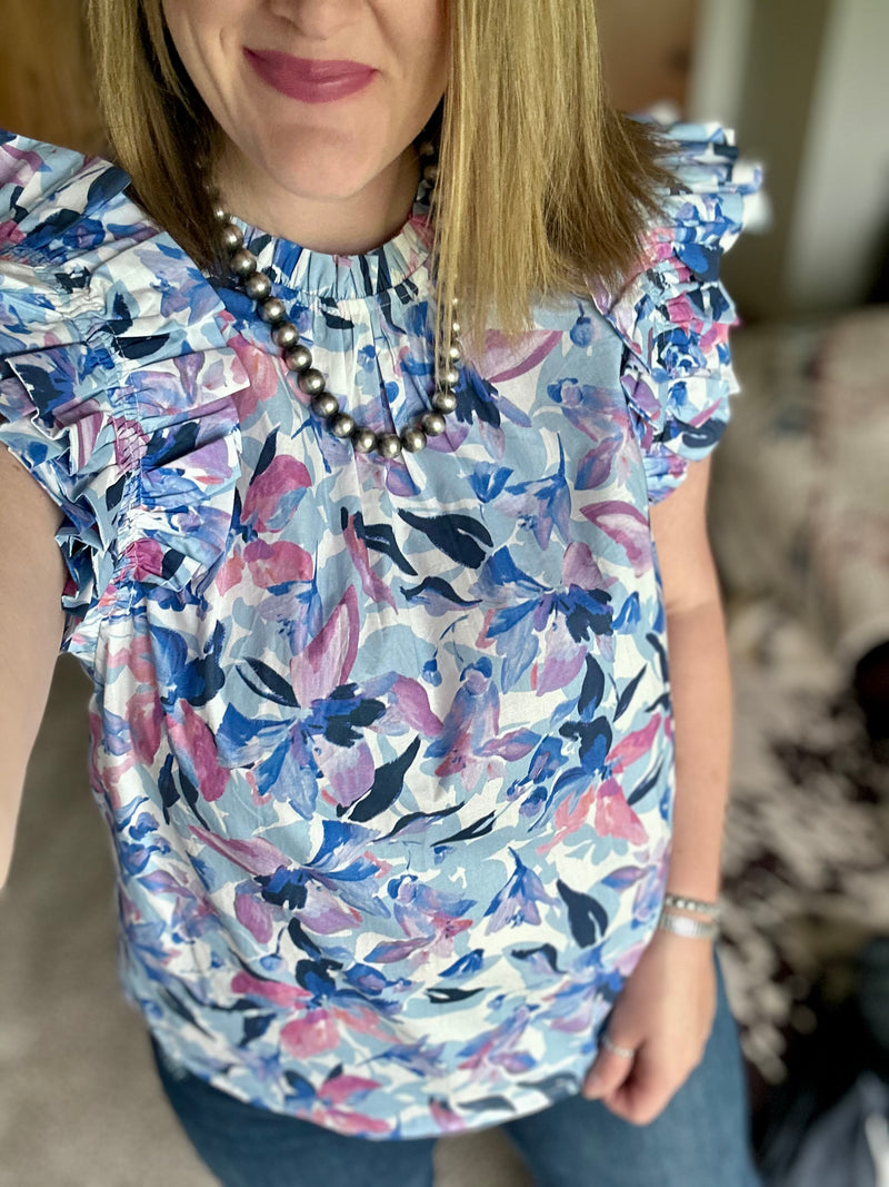 Blue Floral Ruffle Detail Top