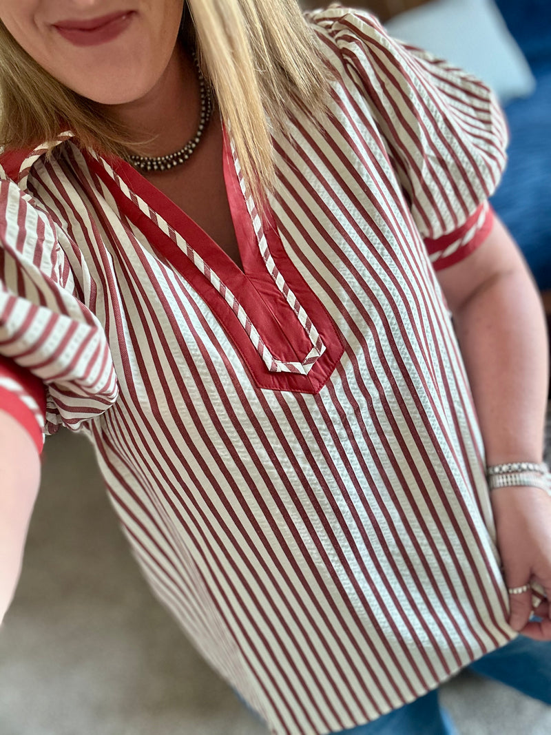 Rust Stripe Puff Sleeve Top