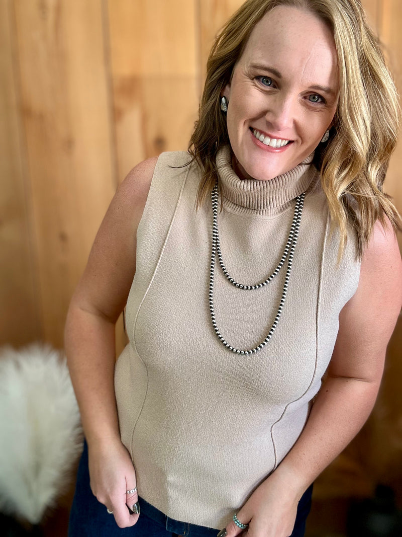 Taupe Sleeveless Turtleneck Sweater