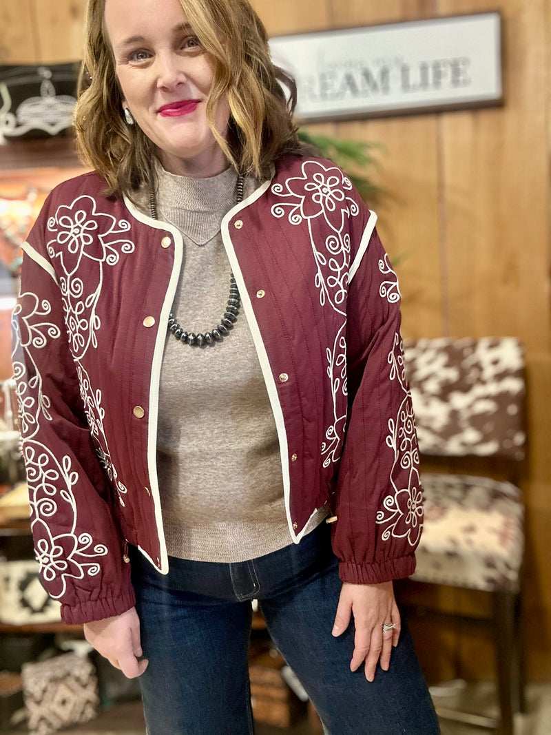 Burgundy Embroidered Quilted Jacket