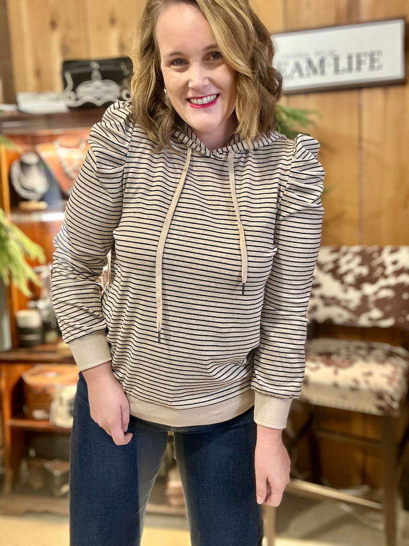 Oatmeal Puff Sleeve Striped Hoodie