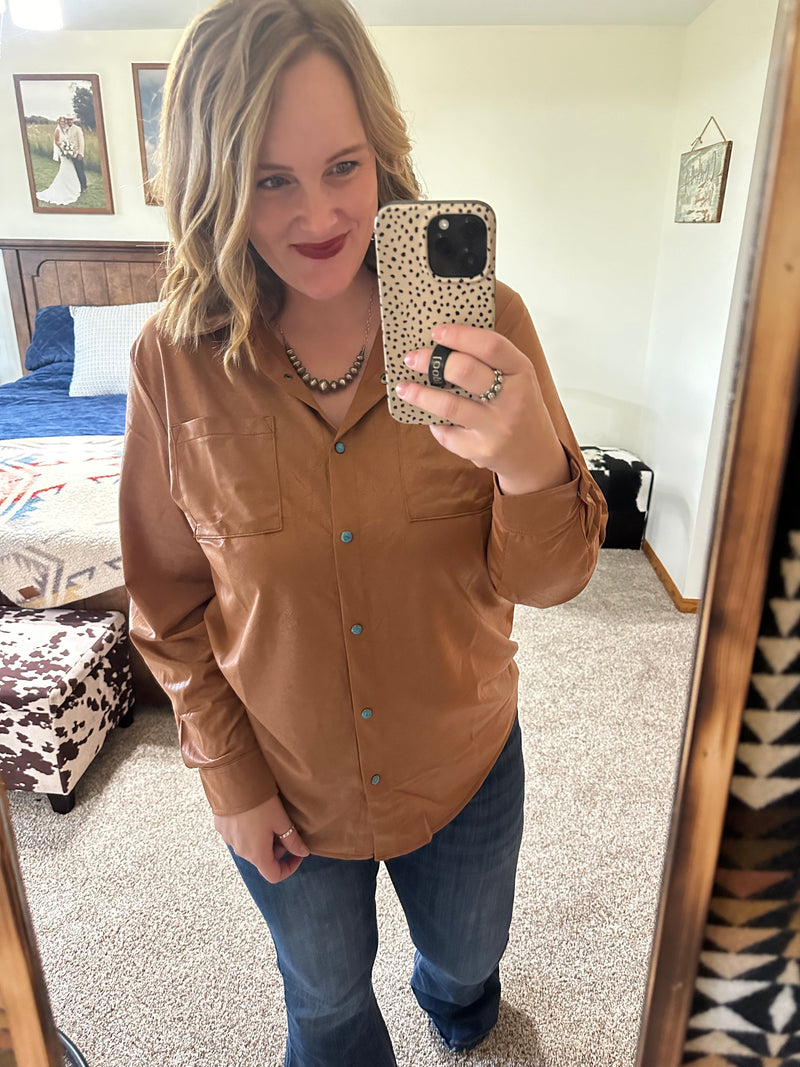 Leather Lux Button Down Top - Saddle