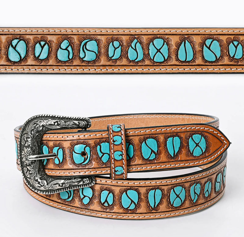 Turquoise Stone Tooled Leather Belt