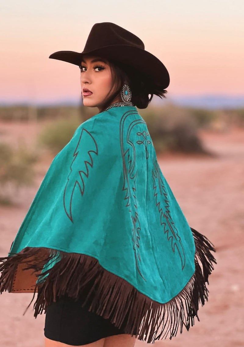 Teal Suede Boot Stitch Embroidered Cape