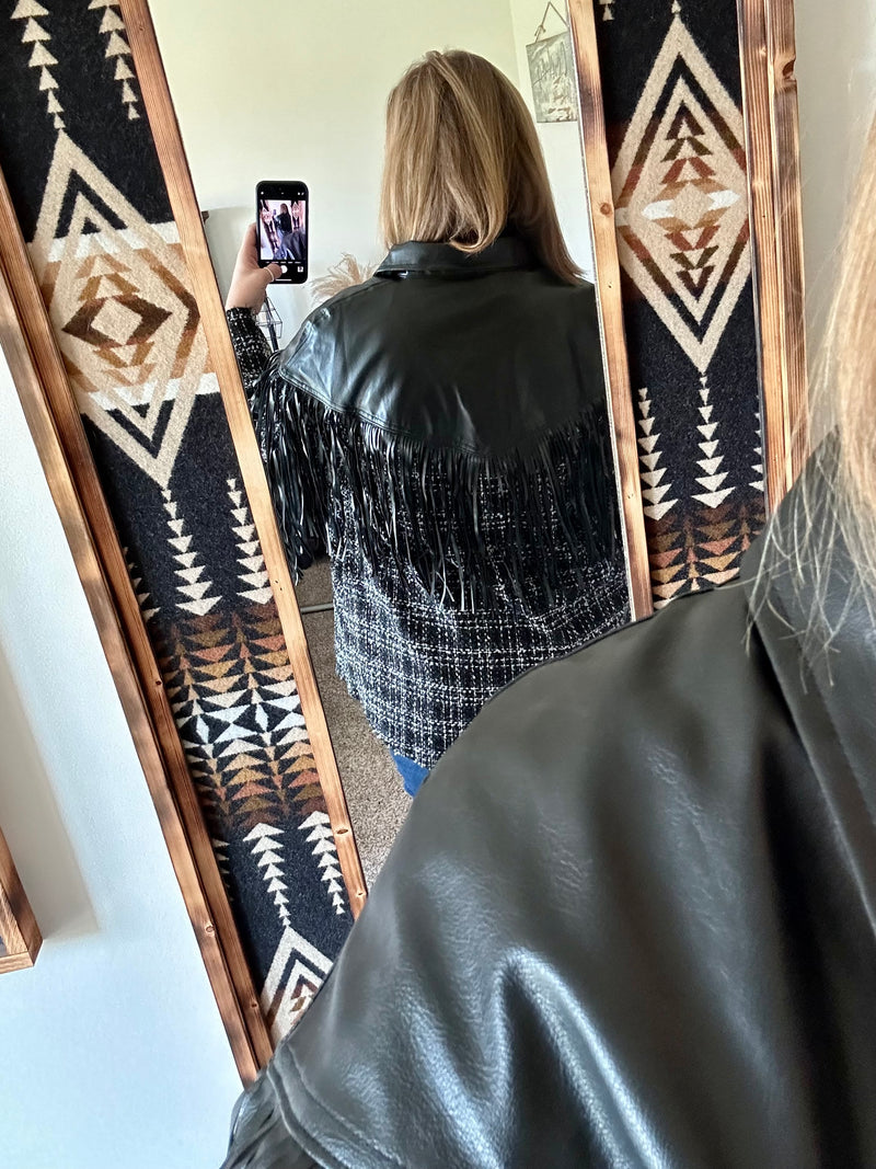 Plaid / Pleather Black Fringe Jacket