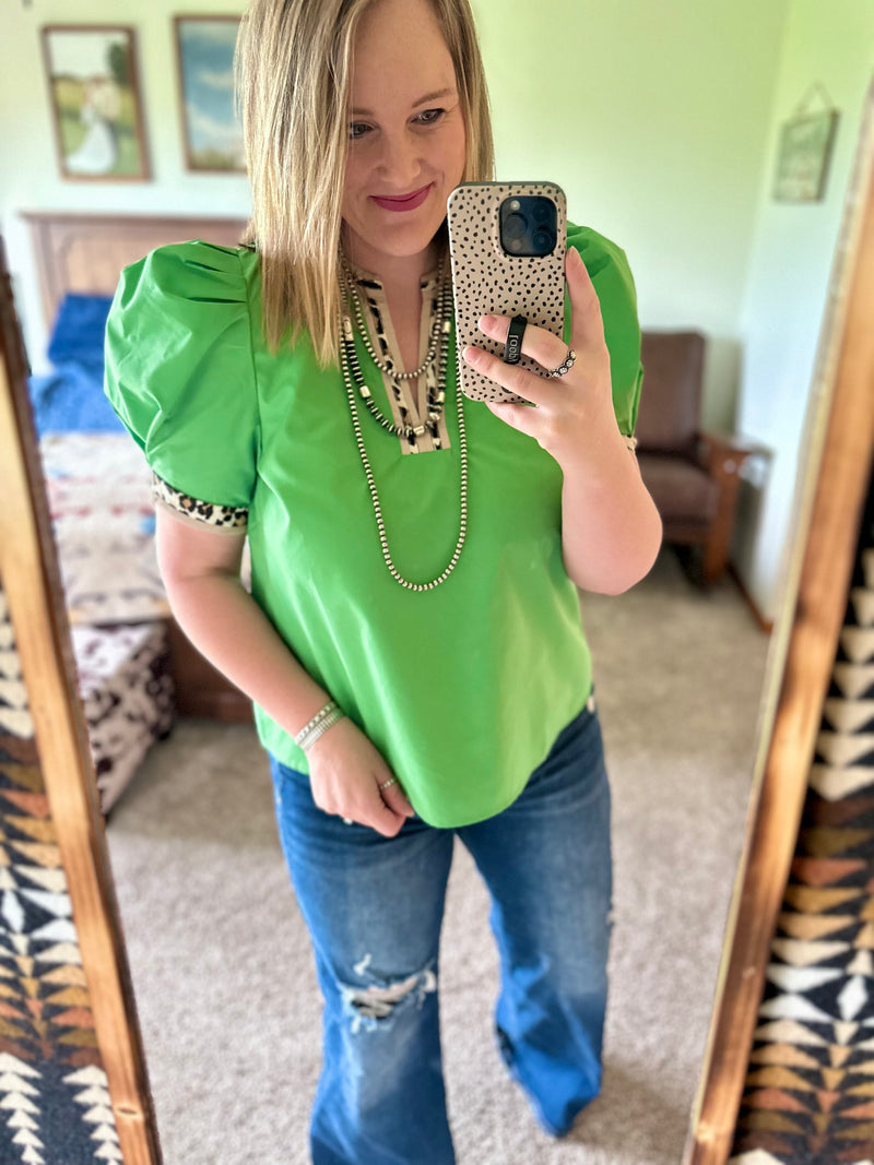 Kelly Green Leopard Trim Top