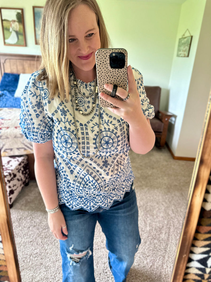 Blue Embroidered Scalloped Hem Top