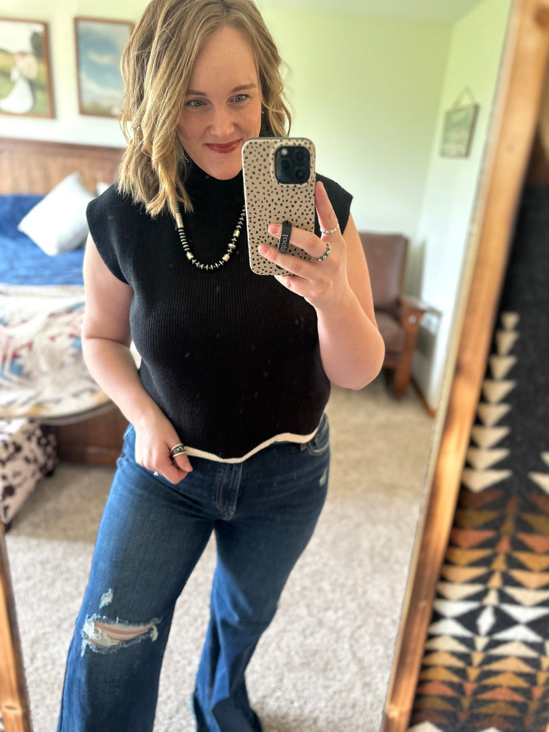 Short Sleeve Sweater Top - Black