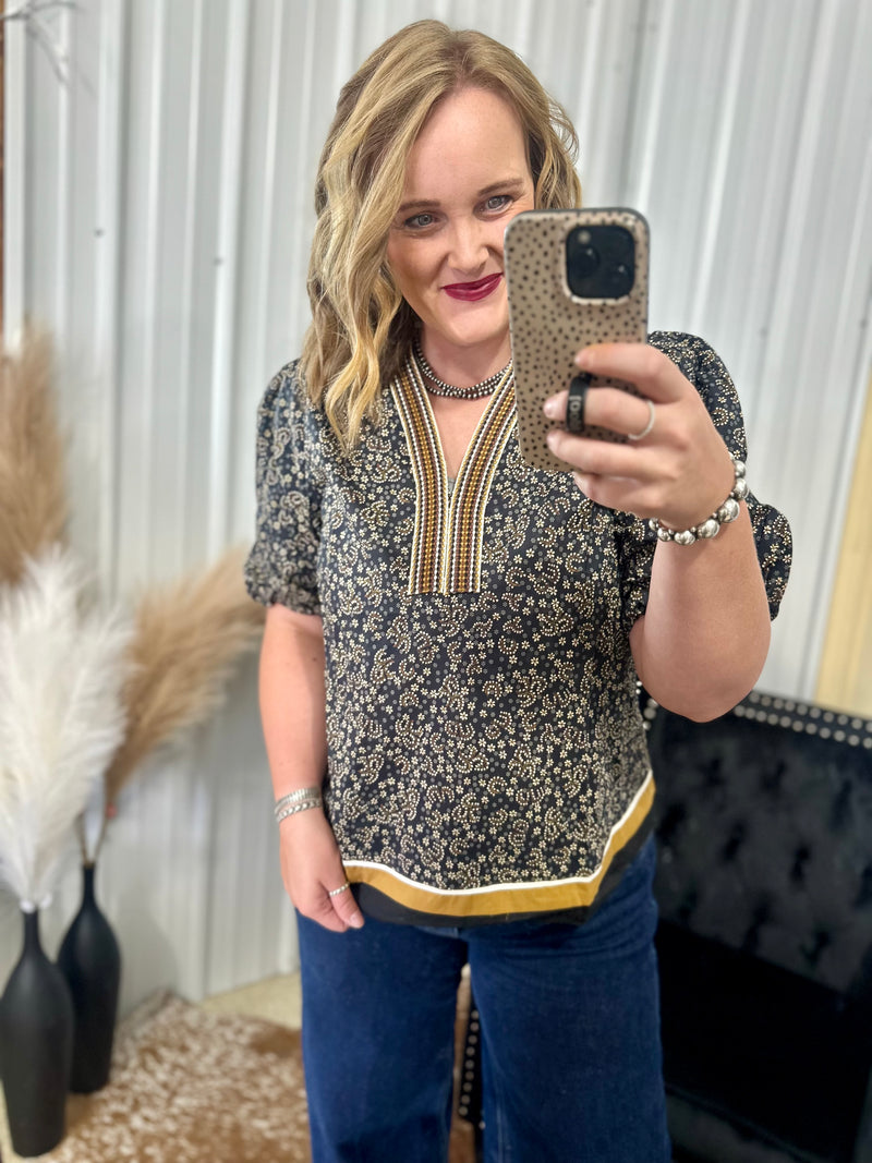 Black Floral Block Hem Top