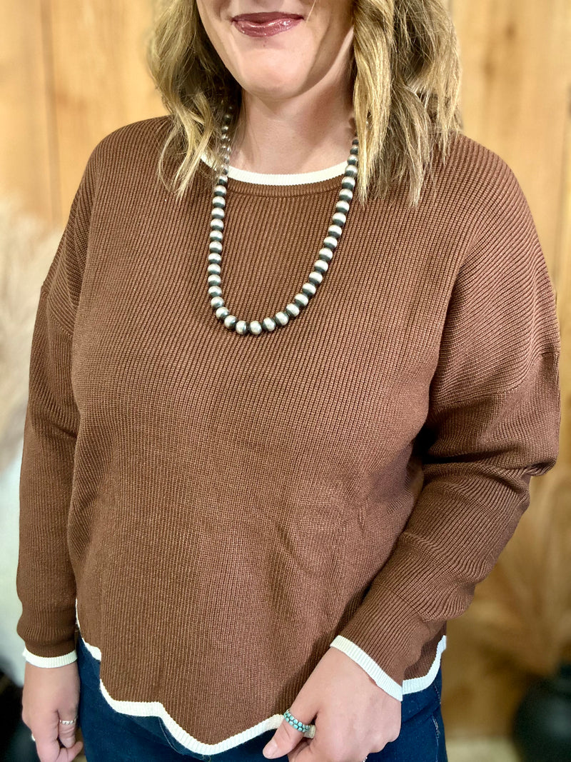 Brown Scalloped Hem Sweater
