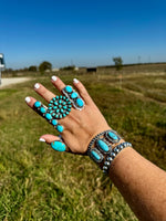 Long Ring- adjustable- 3 stone turquoise ring and sterling silver