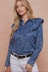 Denim Ruffled Button Down Top