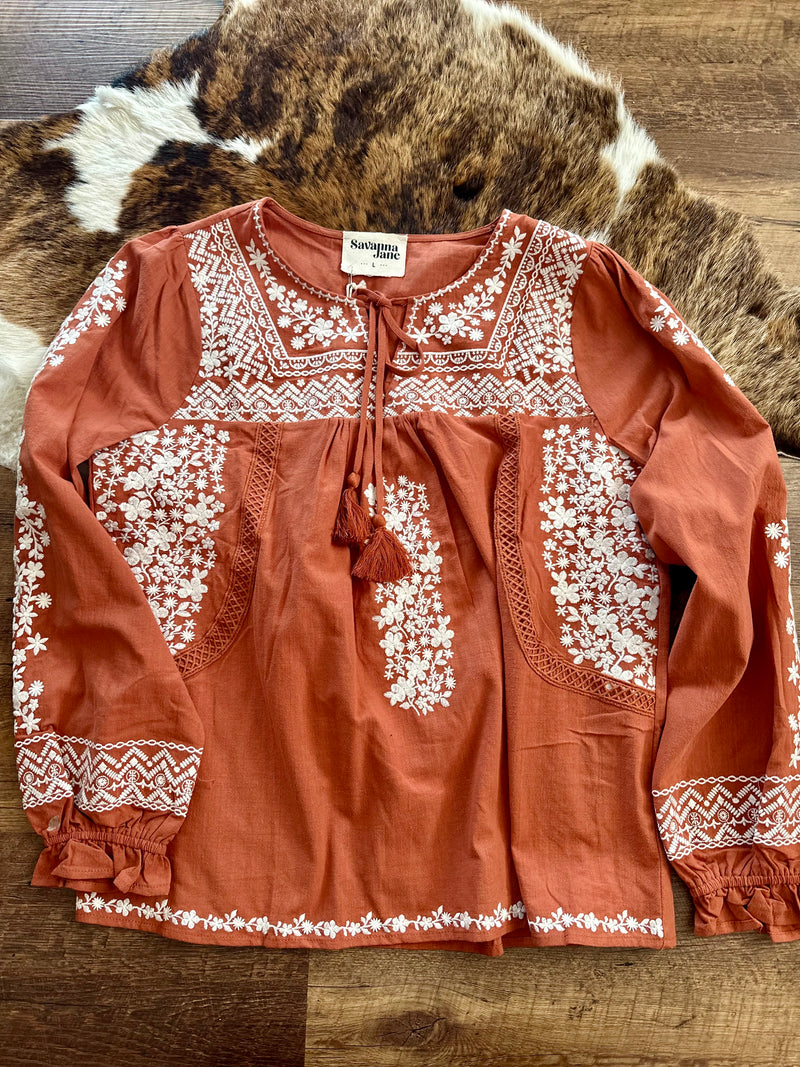 Rust Embroidered Split Neck Top