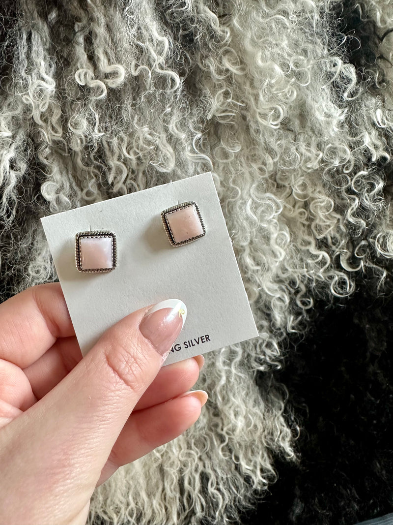 Pink Opal Square Stud Earrings