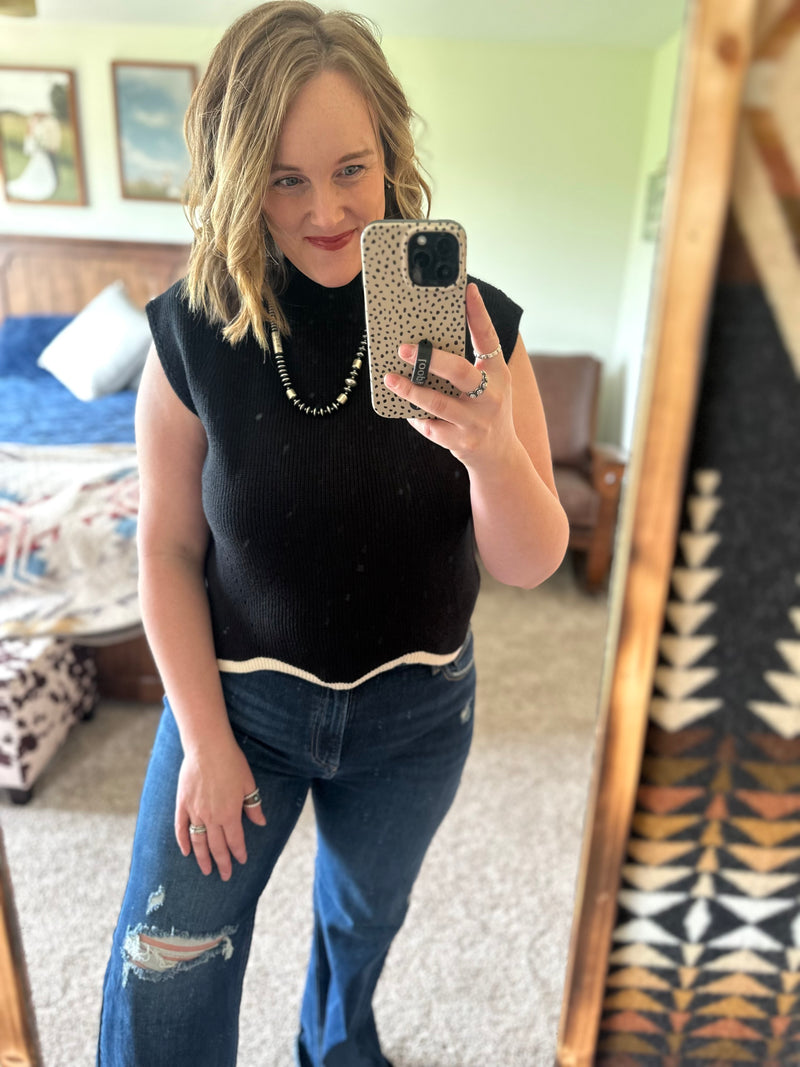 Short Sleeve Sweater Top - Black