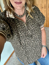 Mocha Leopard Puff Sleeve Half Zip Up