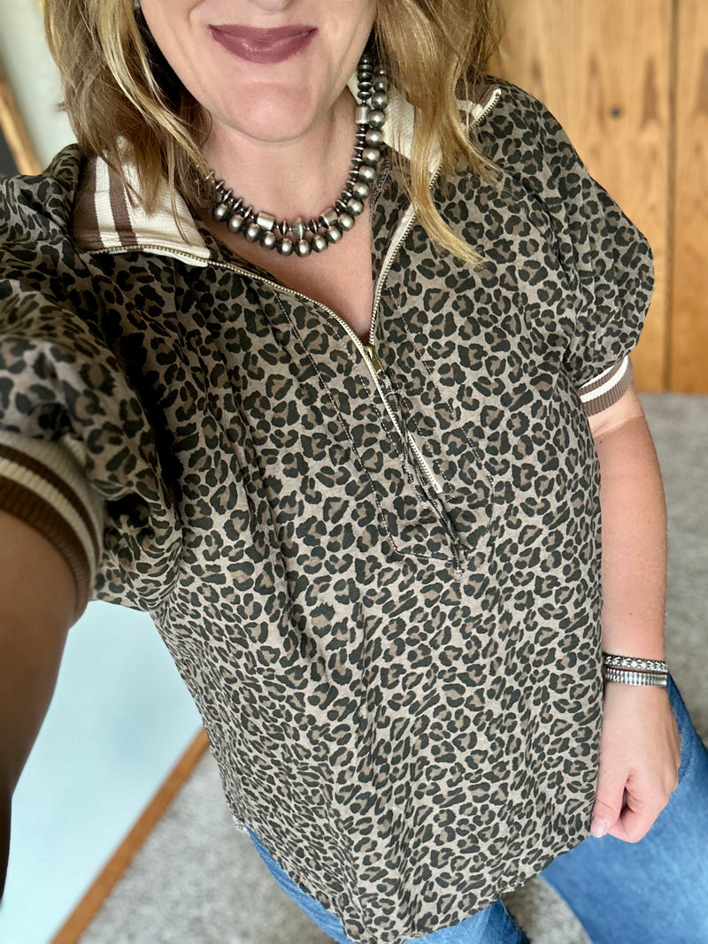 Mocha Leopard Puff Sleeve Half Zip Up