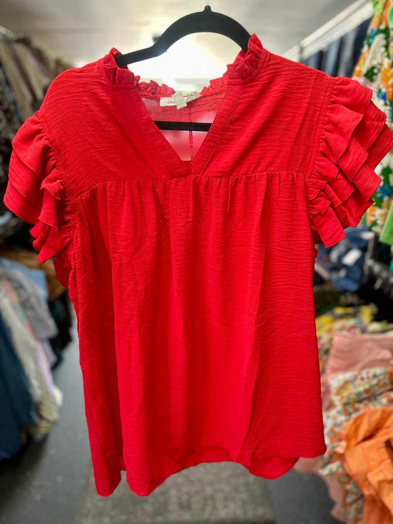 Red Flutter Cap Sleeve Top