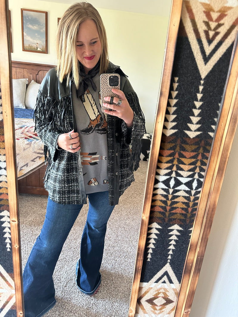 Plaid / Pleather Black Fringe Jacket